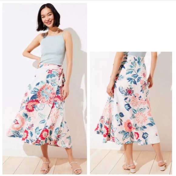 LOFT Linen Blend Floral Print Midi Wrap Spring Flowy Pink & Blue Skirt SZ 6 - Picture 3 of 8